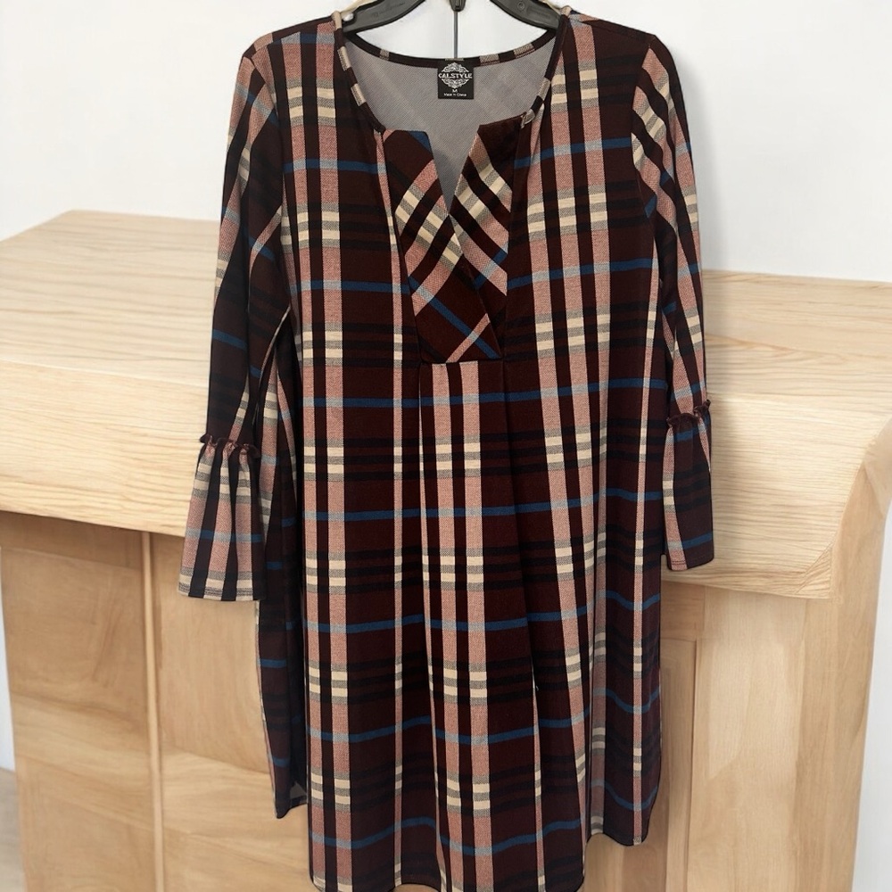 Cracker Barrel Plaid Long Sleeve Dress - Black, Brown, Blue